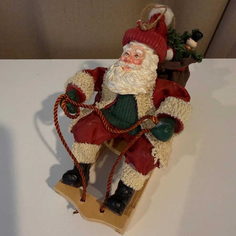 Vintage Style Santa Claus on Wooden Sled Figurine Christmas‎ Holiday Decor Red